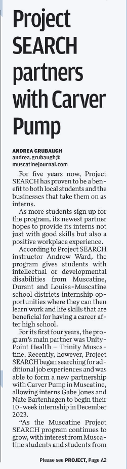 Screenshot from the Muscatine Journal newspaper featuring an article about Project Search